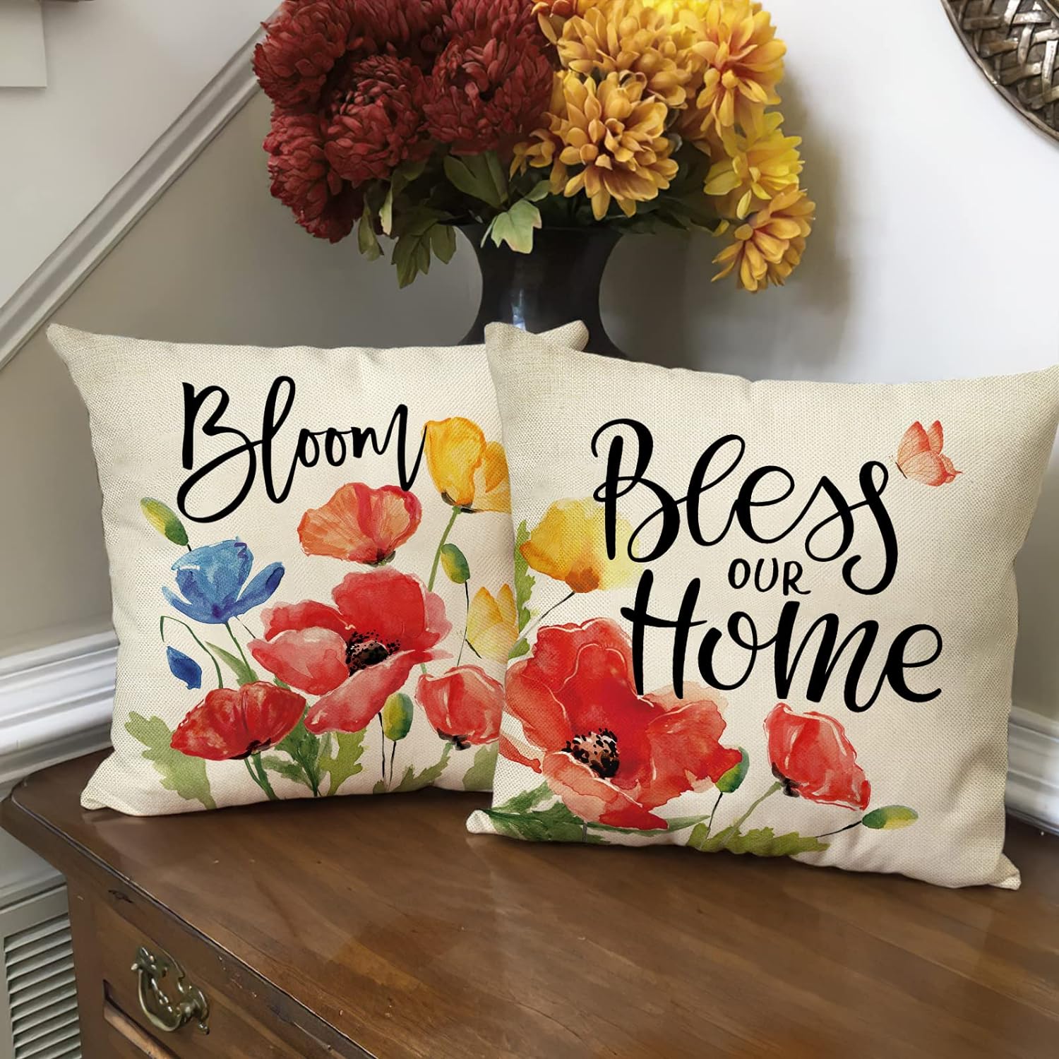 Poppy Floral Flowers Decorative Throw Pillow Covers 18 x 18 Set of 4