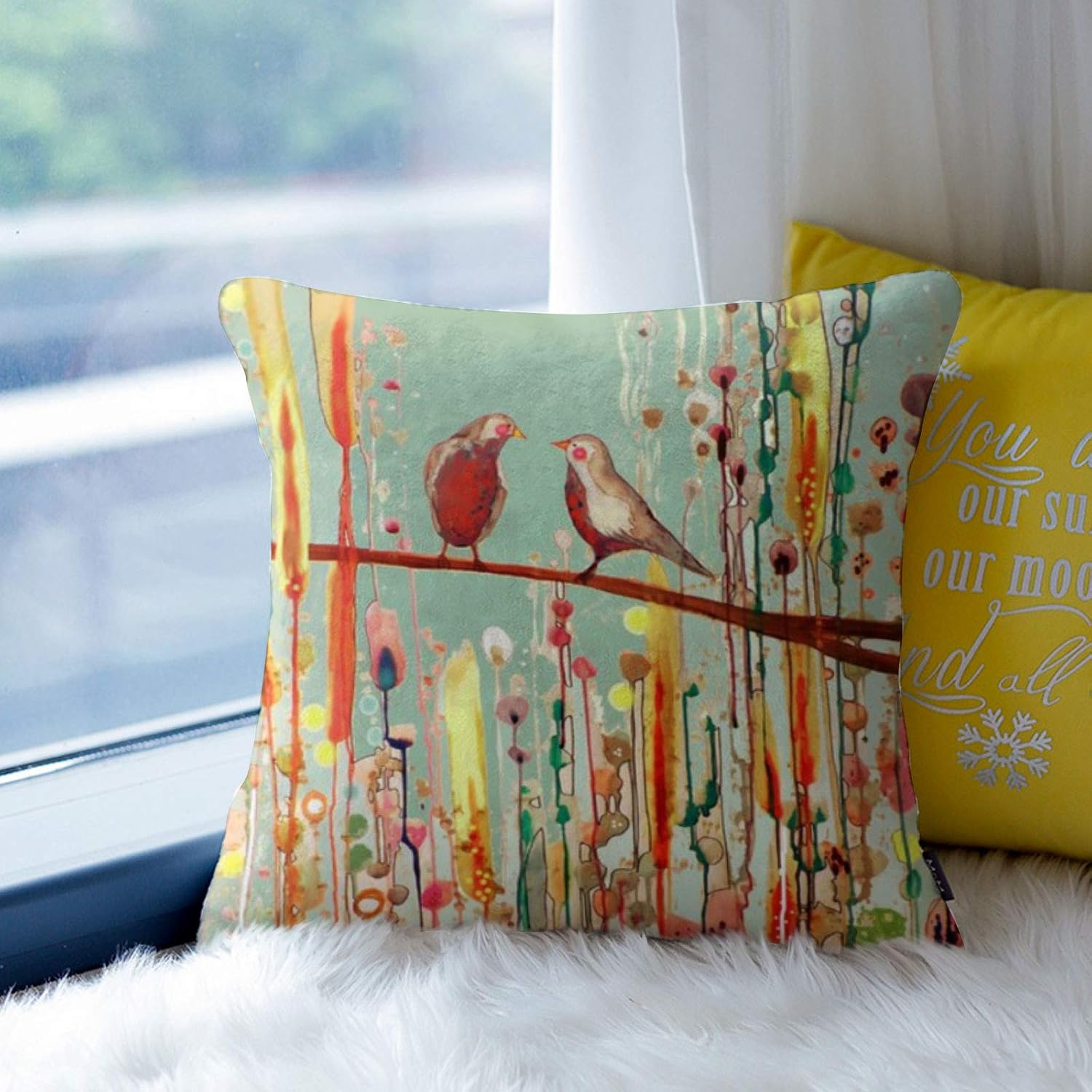 Modern Decoration Throw Pillow Covers 18x18 Set of 4 Retro Bird Flowers Throw Pillowcovers
