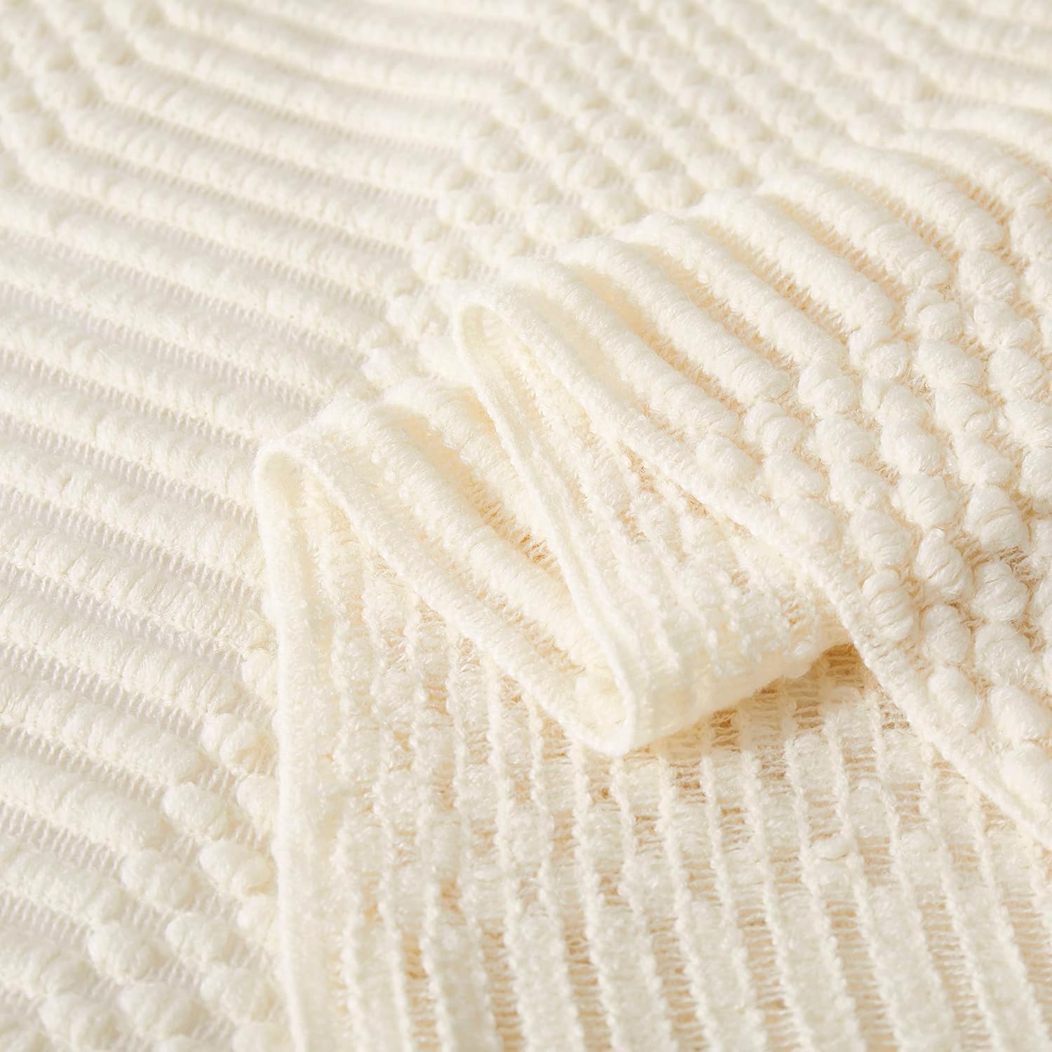 Off White Knitted Throw Blankets for Couch, Decorative Knitted Blankets with Tassel,50"x60"