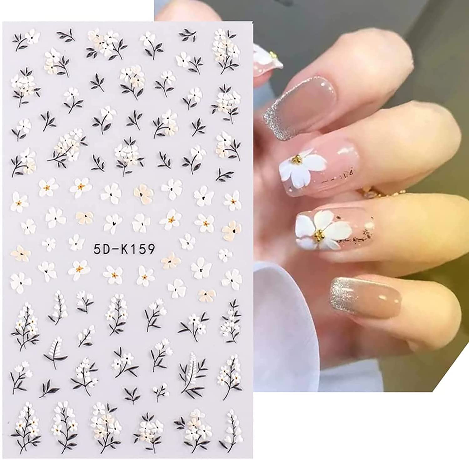 Flower Floral 5D Embossed Nail Decals Nail Art Design Self Adhesive Nail Supplies with Nail Tweezer