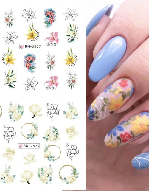 Load image into Gallery viewer, Flower Nail Decals Water Transfer Nail Art Supplies Summer Lily Orchid Butterfly, 12 Sheets

