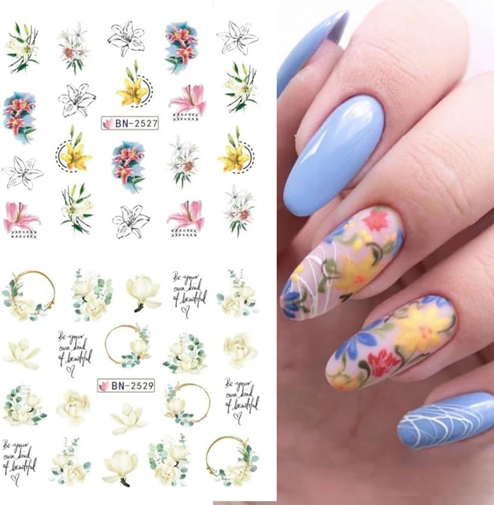 Flower Nail Decals Water Transfer Nail Art Supplies Summer Lily Orchid Butterfly, 12 Sheets