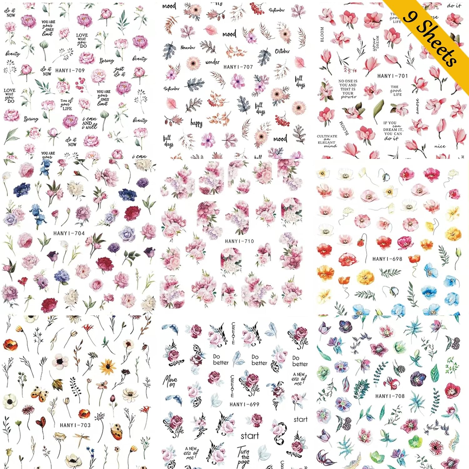 9 Sheets Flower Nail Art Stickers Decals 3D Self-Adhesive Nail Decals Spring Floral