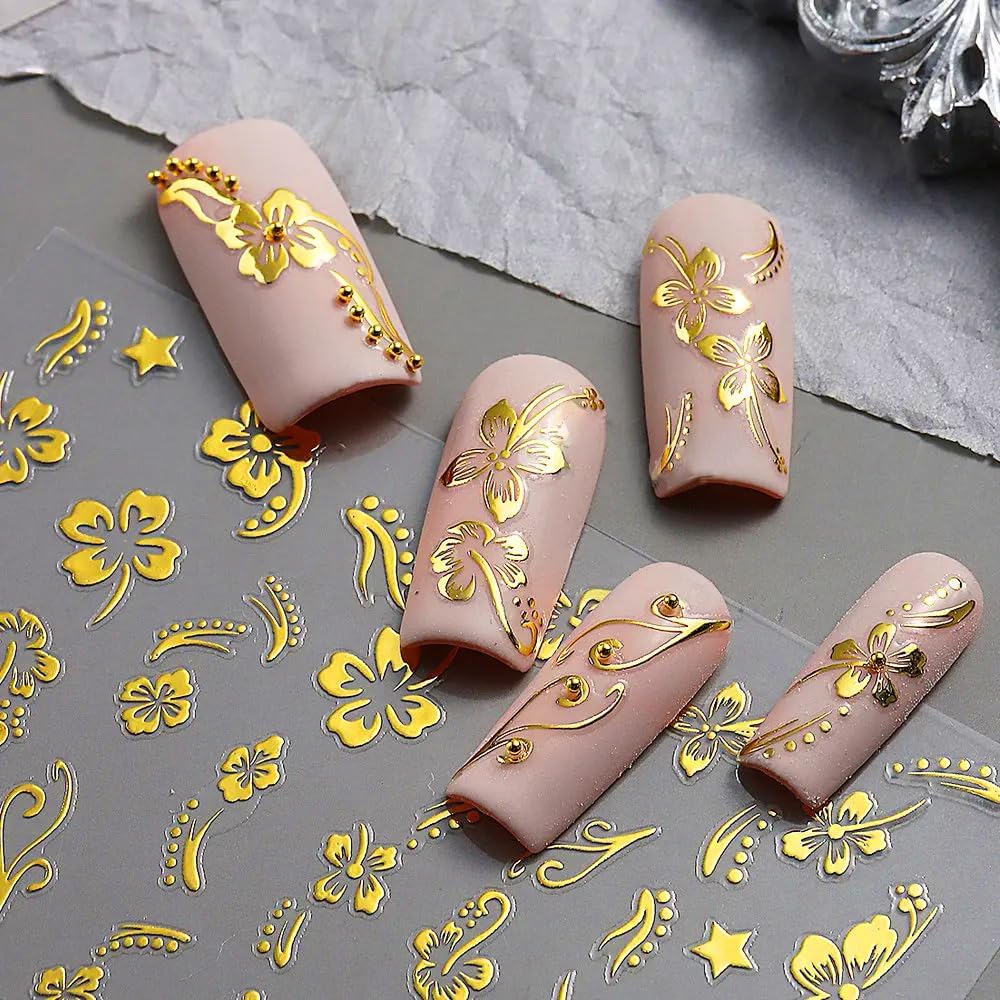 Hibiscus Nail Decals 3D Self-Adhesive White Pink Gold Flower Pattern, 6 Sheets