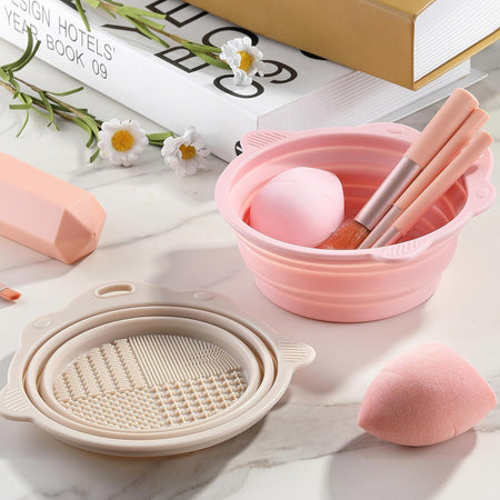 2 Pieces Foldable Silicone Makeup Cleaning Tools for Brushes, Sponge and Puff, Portable Make up Brush Cleaner for Travel (Pink, Gray)