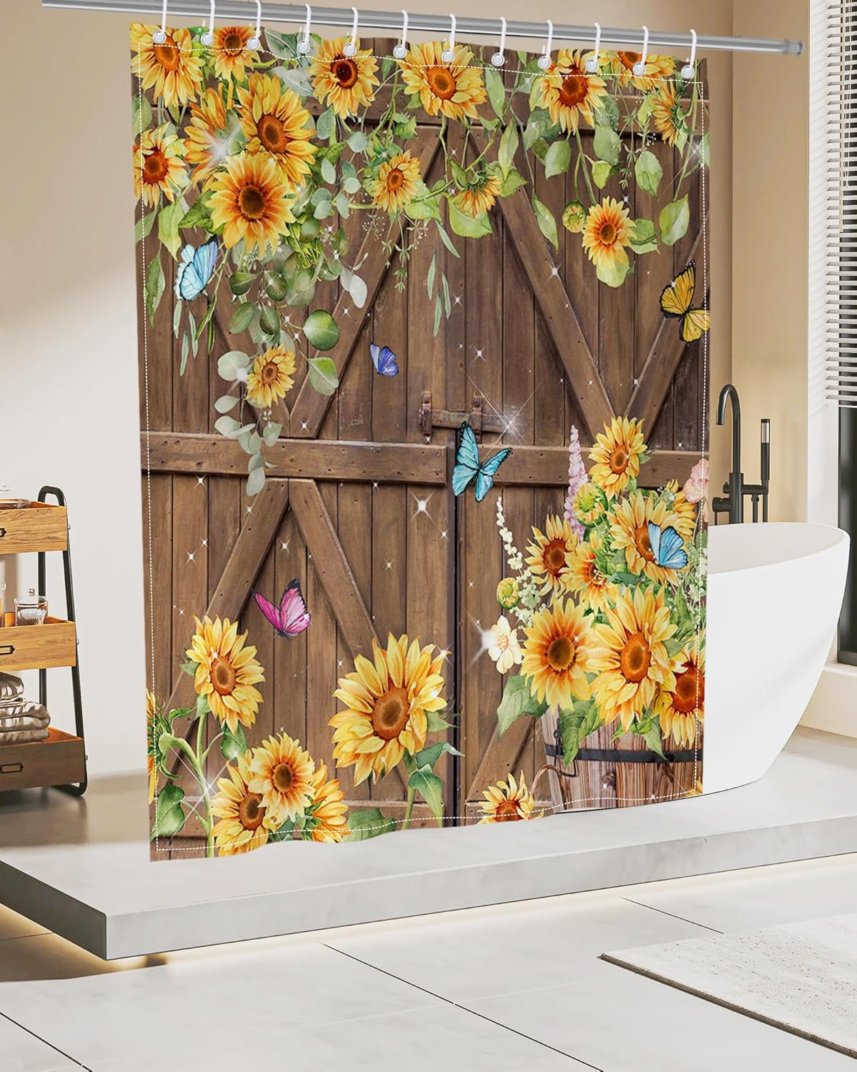 Sunflower Shower Curtain Vintage Farmhouse Barn Door Decor Curtain for Bathroom, 72x72 Inches