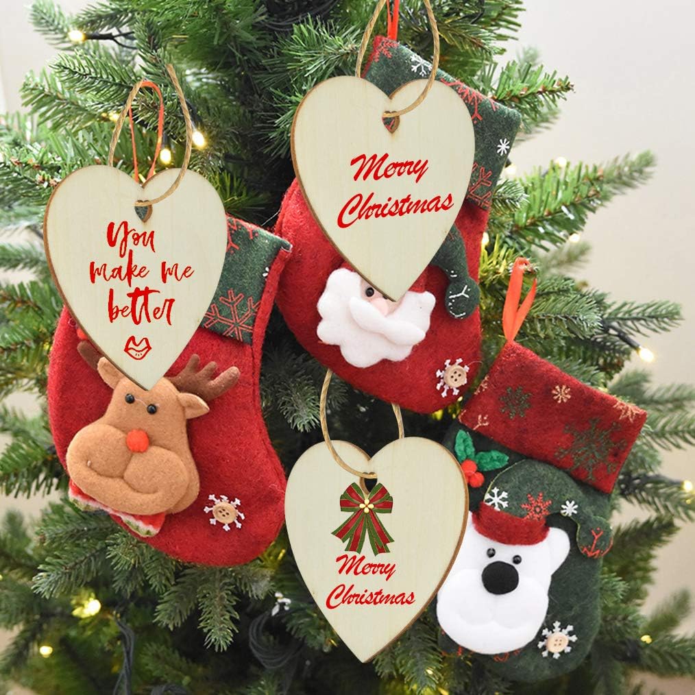 50 Pieces 3" Natural Heart Wood Slices, DIY Wooden Ornaments Unfinished Predrilled Wooden Heart Embellishments with Natural Twine