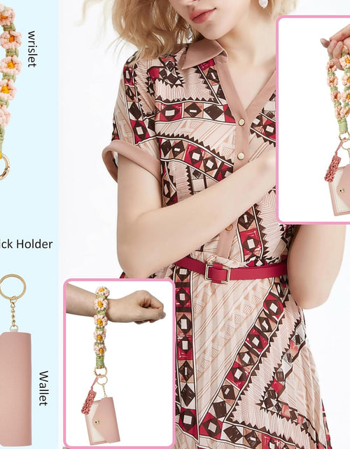 Load image into Gallery viewer, Boho Wristlet Keychain Wallet Lipstick Holder Handmade Wristband Bracelet, Pink Green
