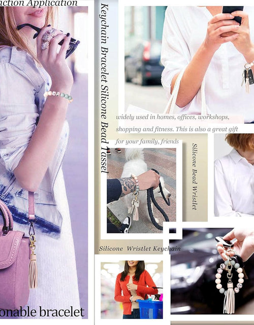Load image into Gallery viewer, Keychain Bracelet Silicone Key Ring Wristlet with Leather Tassel Wrist Key Ring Bangle Silicone Bead, Light Pink

