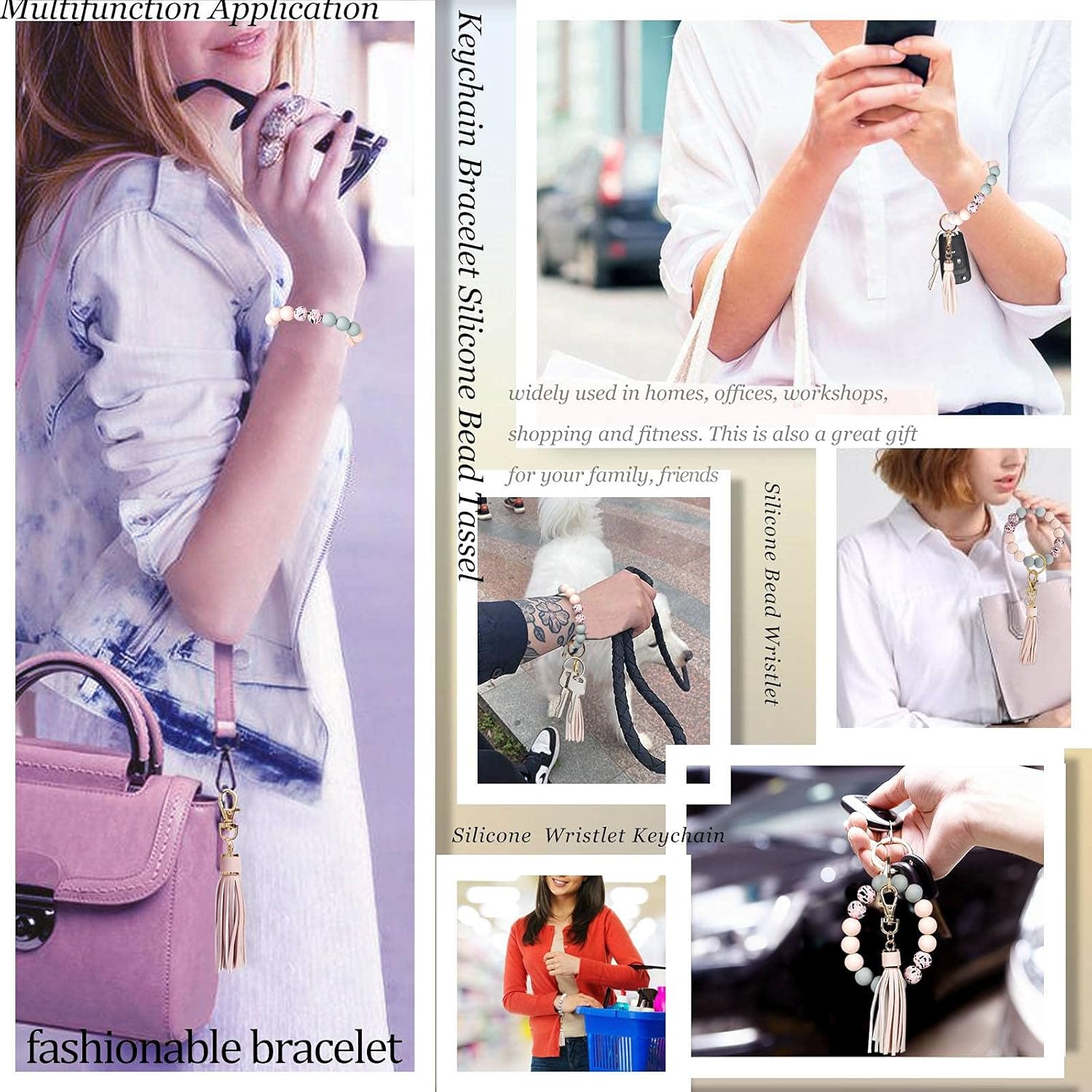 Keychain Bracelet Silicone Key Ring Wristlet with Leather Tassel Wrist Key Ring Bangle Silicone Bead, Light Pink