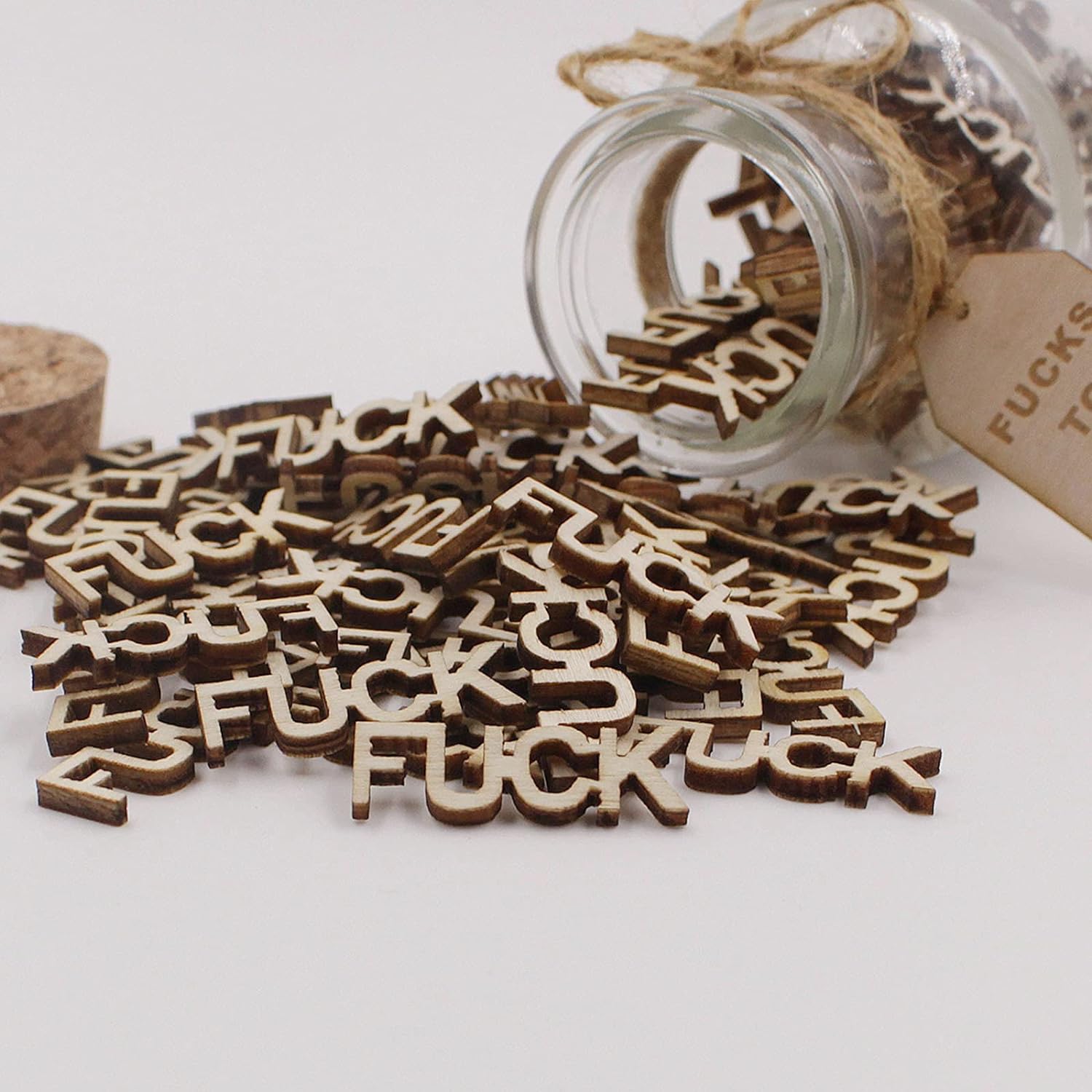 Jar of Fucks (5oz) - Gift Jar, Wooden Cutout Letter Piece, Bad Mood Vent, Spoof Birthday, Holiday Gift to Friend - Funny Gift for Valentine's Day