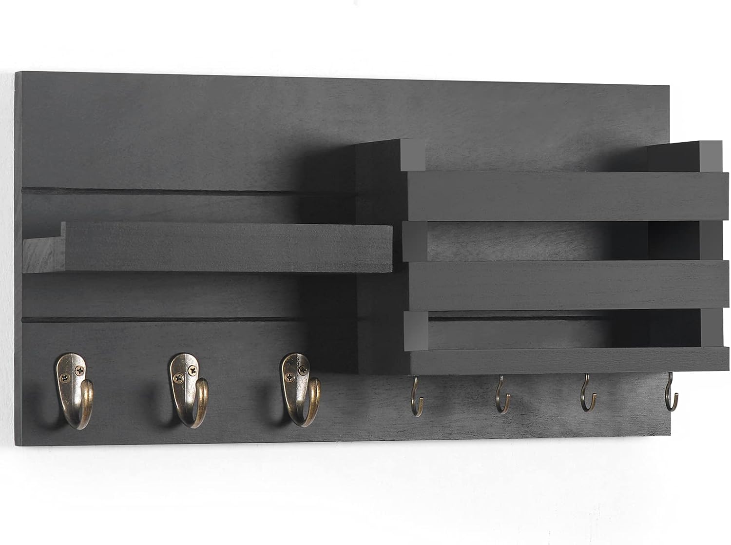 Mail Organizer for Wall Mount – Key Holder with Shelf includes Letter Holder and Hooks with Flush Mounting Hardware (16.5” x 8.7” x 3.5”) Black