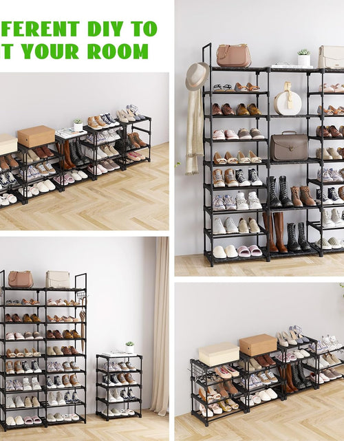 Load image into Gallery viewer, 9 Tiers Shoe Rack Organizer, Black, 50-55 Pairs, Stackable Metal Shelf with Hooks for Entryway
