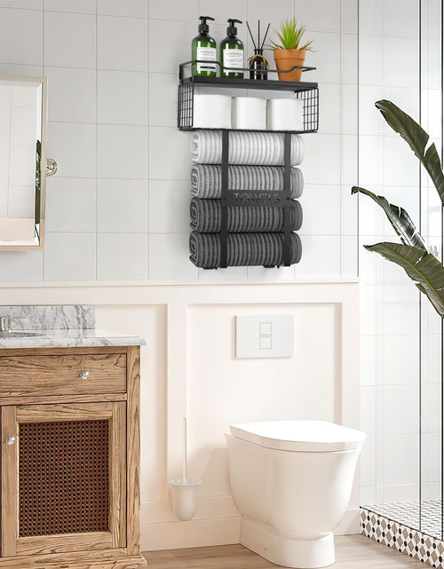 Load image into Gallery viewer, Bath Wall Towel Storage Holder Set Above Toilet, Rolled Towel Shelf Organizer for Small Bathroom Black
