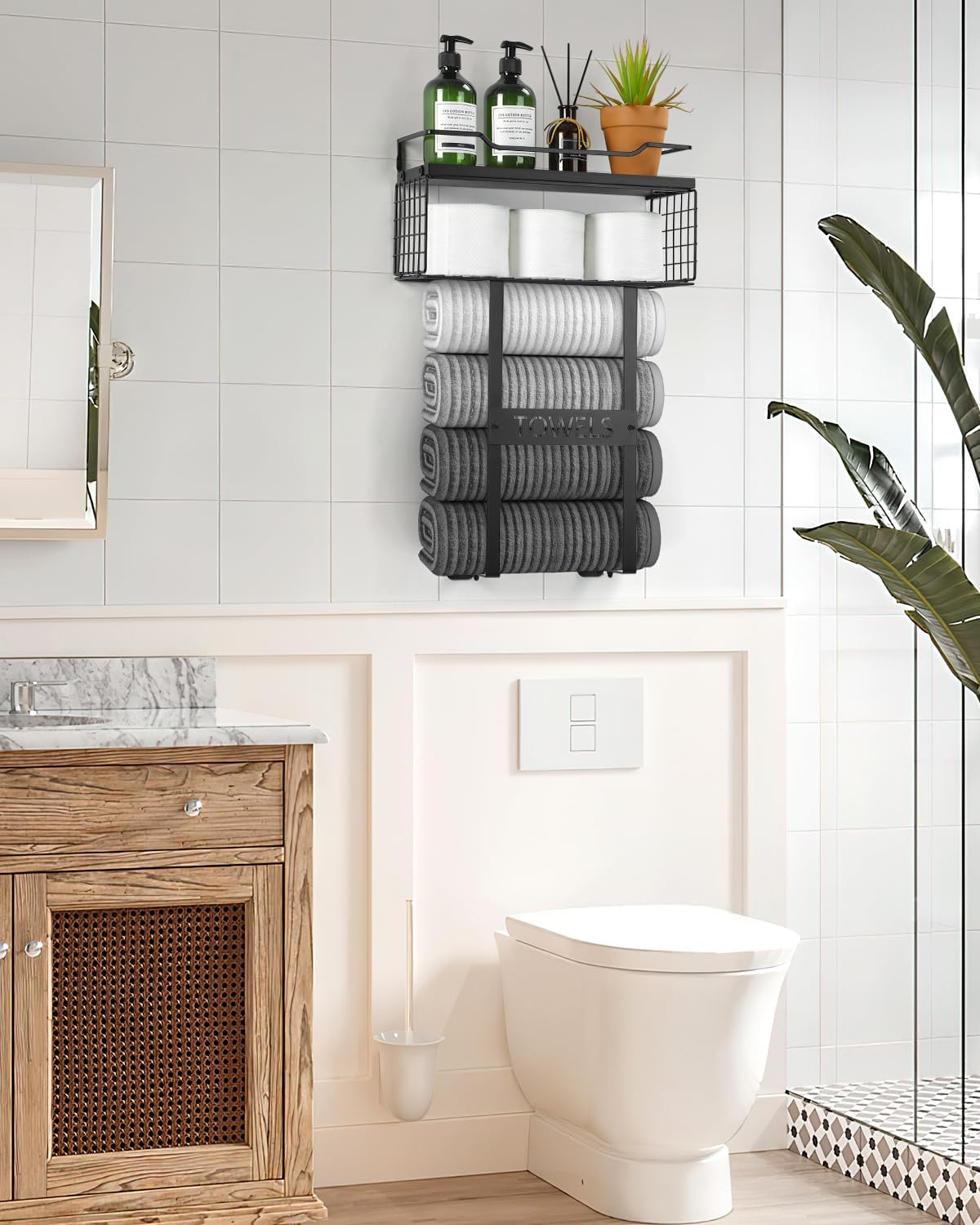 Bath Wall Towel Storage Holder Set Above Toilet, Rolled Towel Shelf Organizer for Small Bathroom Black
