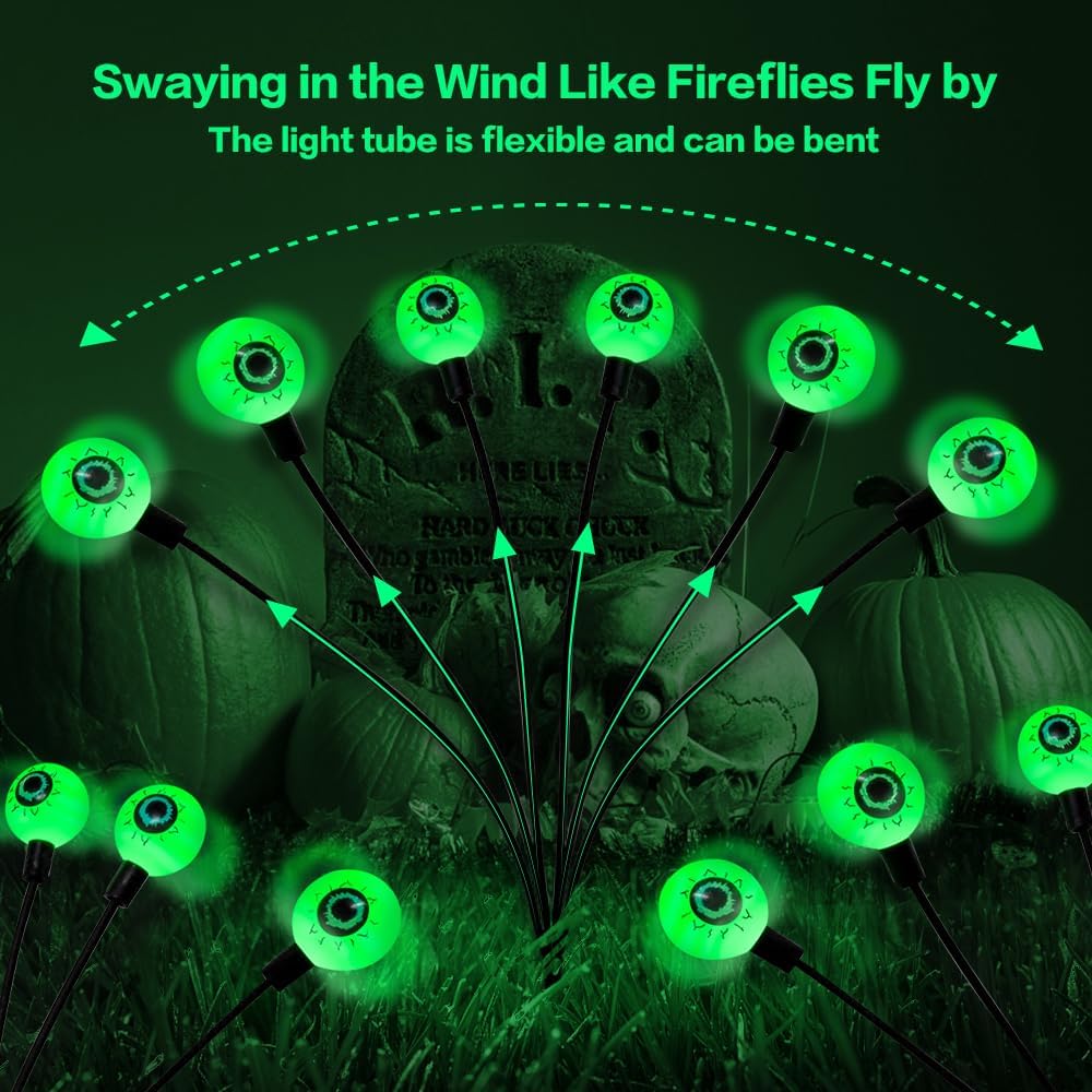 2PACKS 12LED Green Eyeball Swaying Firefly Lights,Waterproof Solar Halloween Path Lights