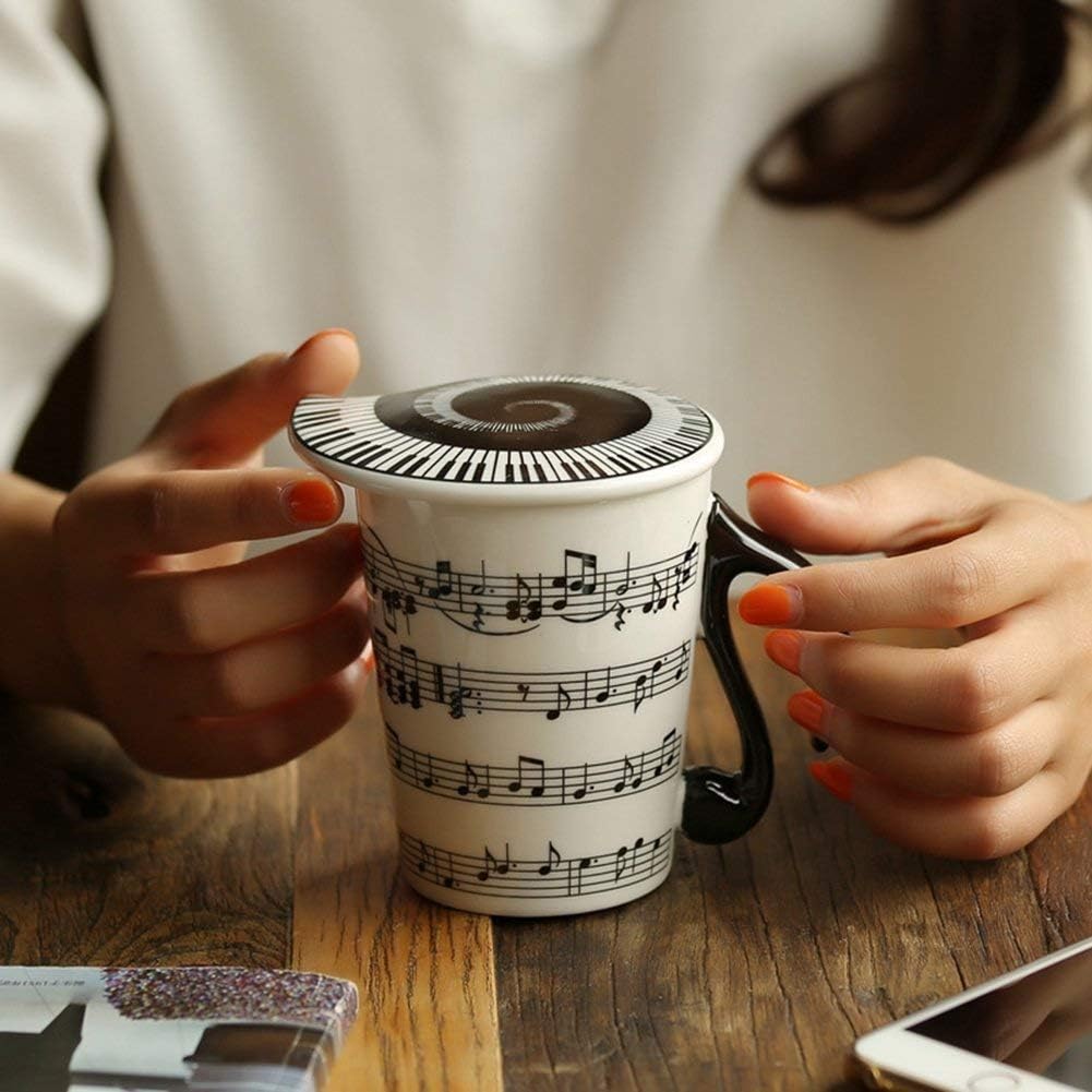 Creative Ceramic Musician Coffee Mug Tea Cup with Lid Staves