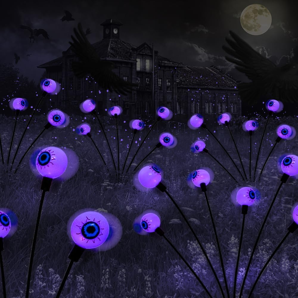 2PACKS 12LED Green Eyeball Swaying Firefly Lights,Waterproof Solar Halloween Path Lights