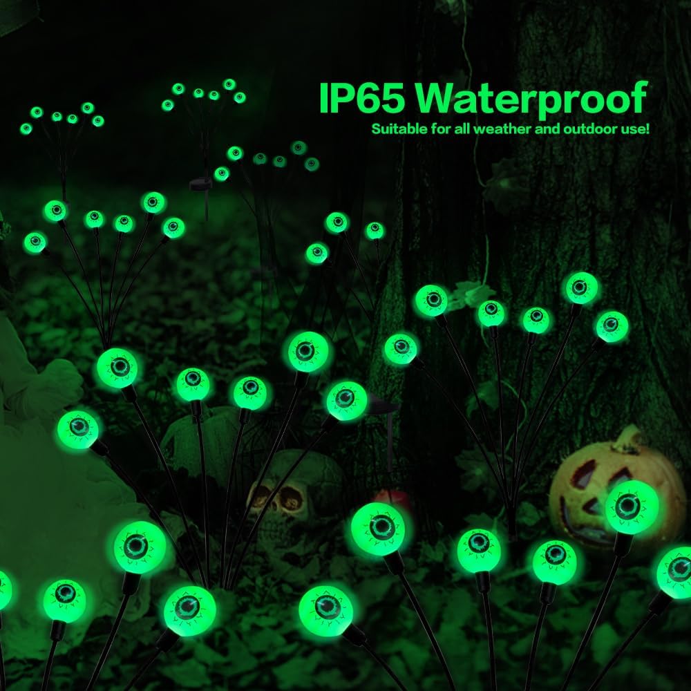 2PACKS 12LED Green Eyeball Swaying Firefly Lights,Waterproof Solar Halloween Path Lights