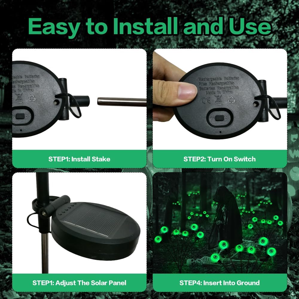 2PACKS 12LED Green Eyeball Swaying Firefly Lights,Waterproof Solar Halloween Path Lights