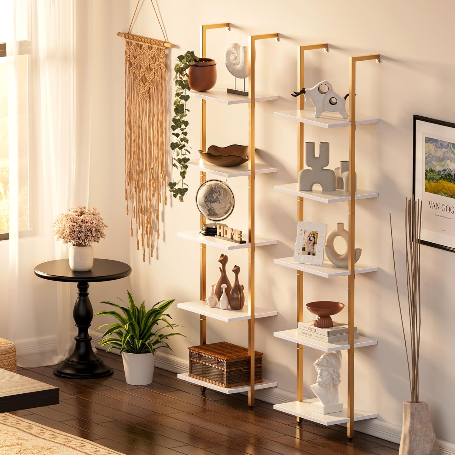5-Tier Bookshelf, Narrow Book Shelf, Open Wall-Mounted Ladder Shelf with Metal Frame