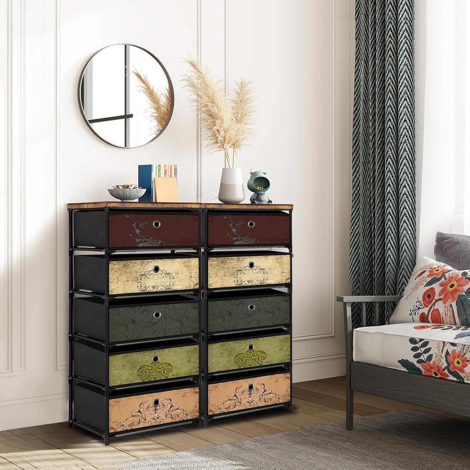 Nightstand with 5 Drawers, Clothes Storage Organizer, Pattern
