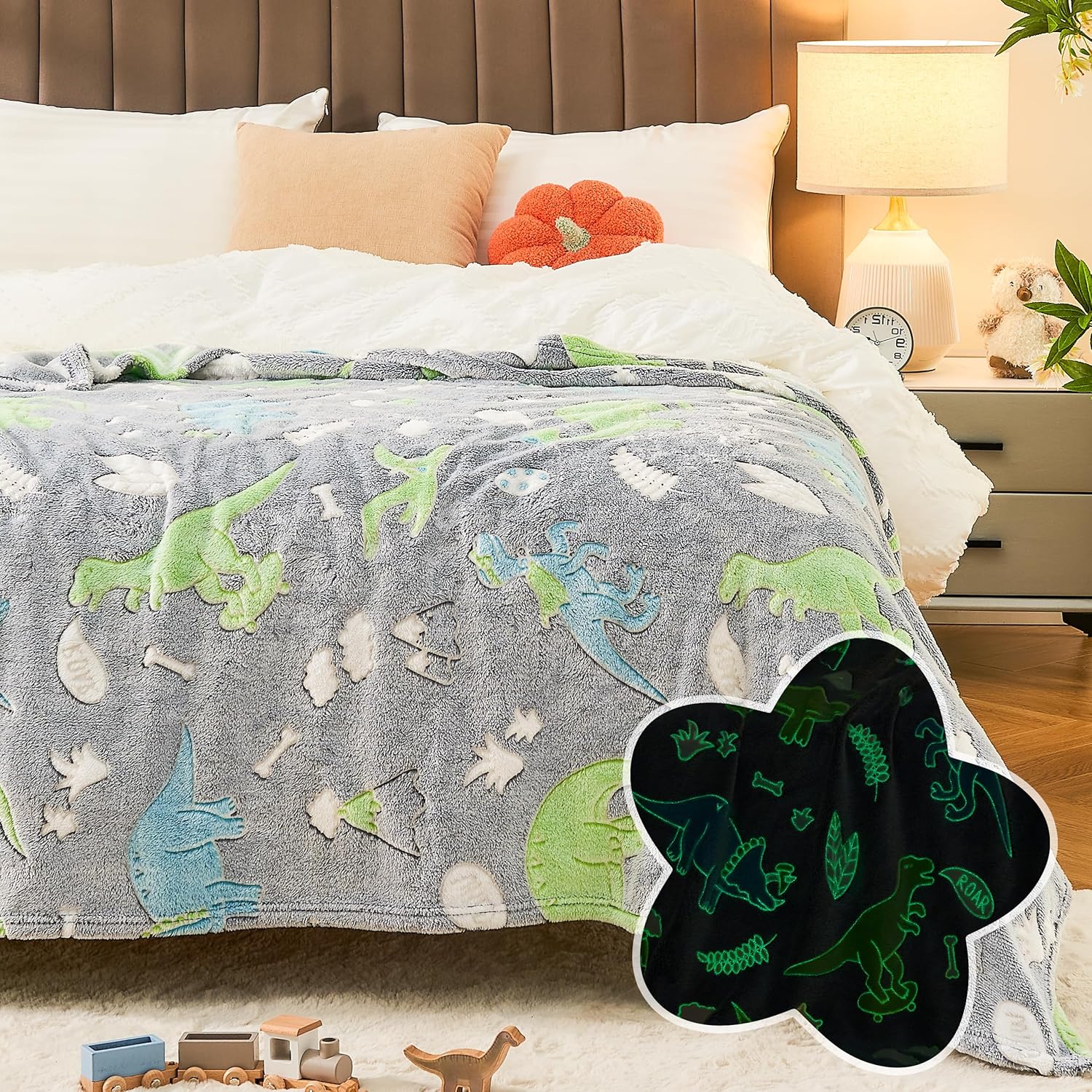 Glow in The Dark Dinosaur Blanket, Cute Blanket for Kids Toddlers Girls Boys, Grey Dinosaur