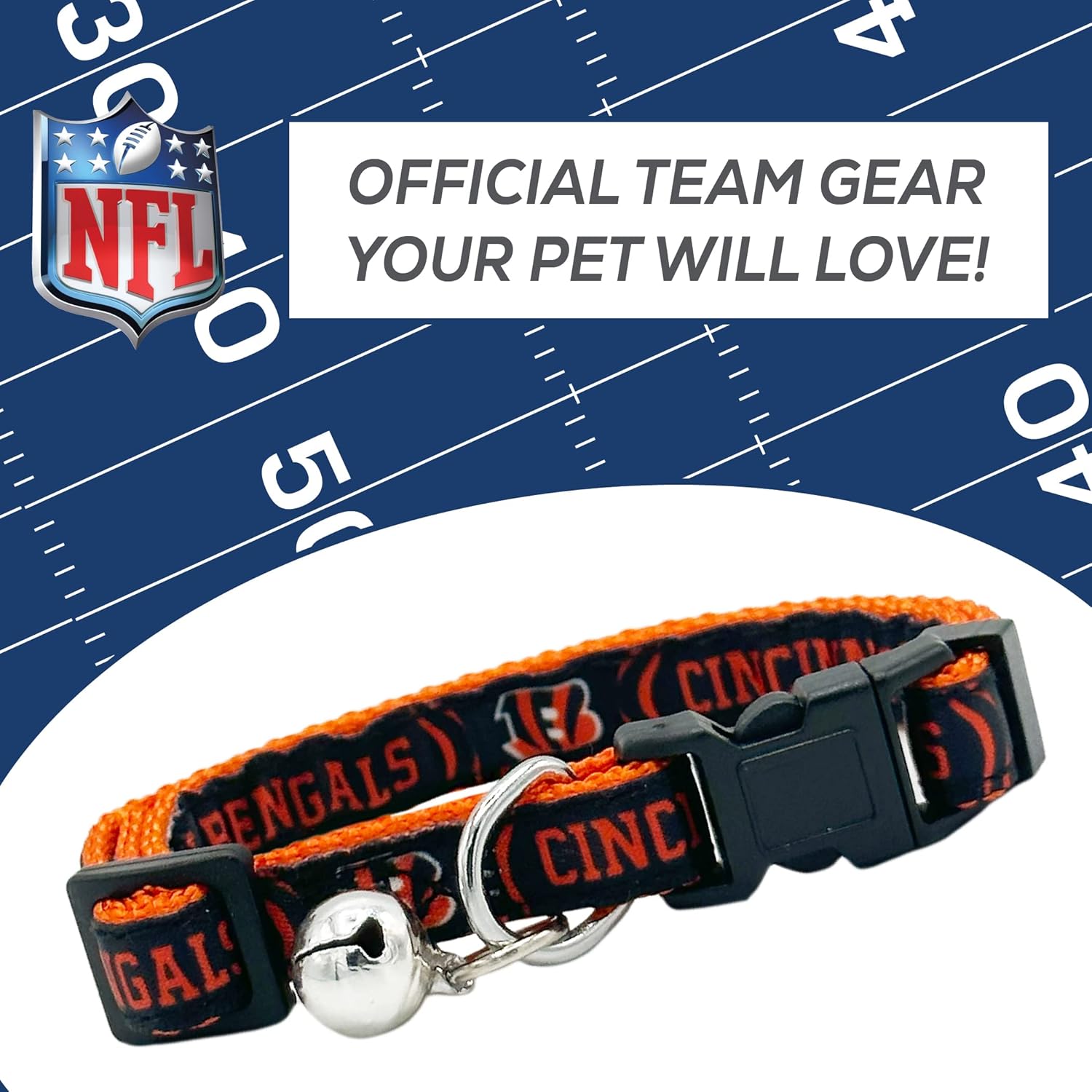 CAT Collar Cincinnati Bengals Satin Football Team Collar for Dogs & Cats. A Shiny & Colorful Cat Collar with Ringing Bell Pendant