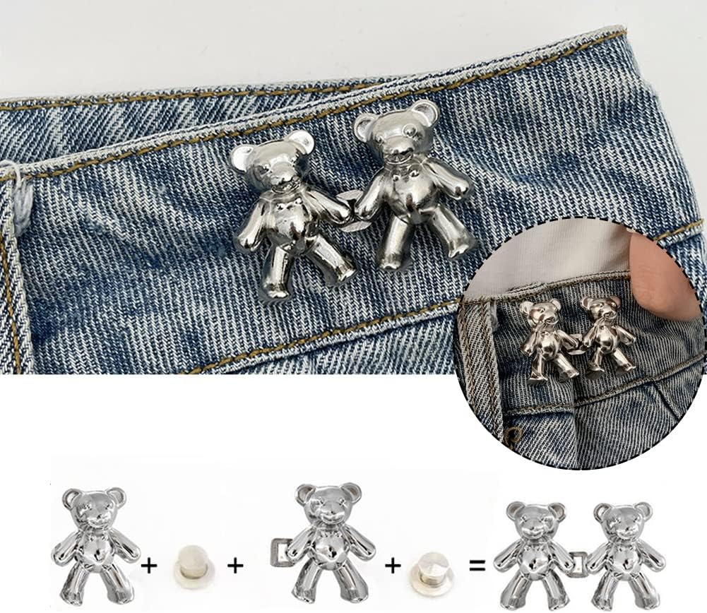 8 Pairs Cute Bear Jeans Button Pins for Clothing Pants No Sewing Detachable Waist Body Fit (Gold+Silver)
