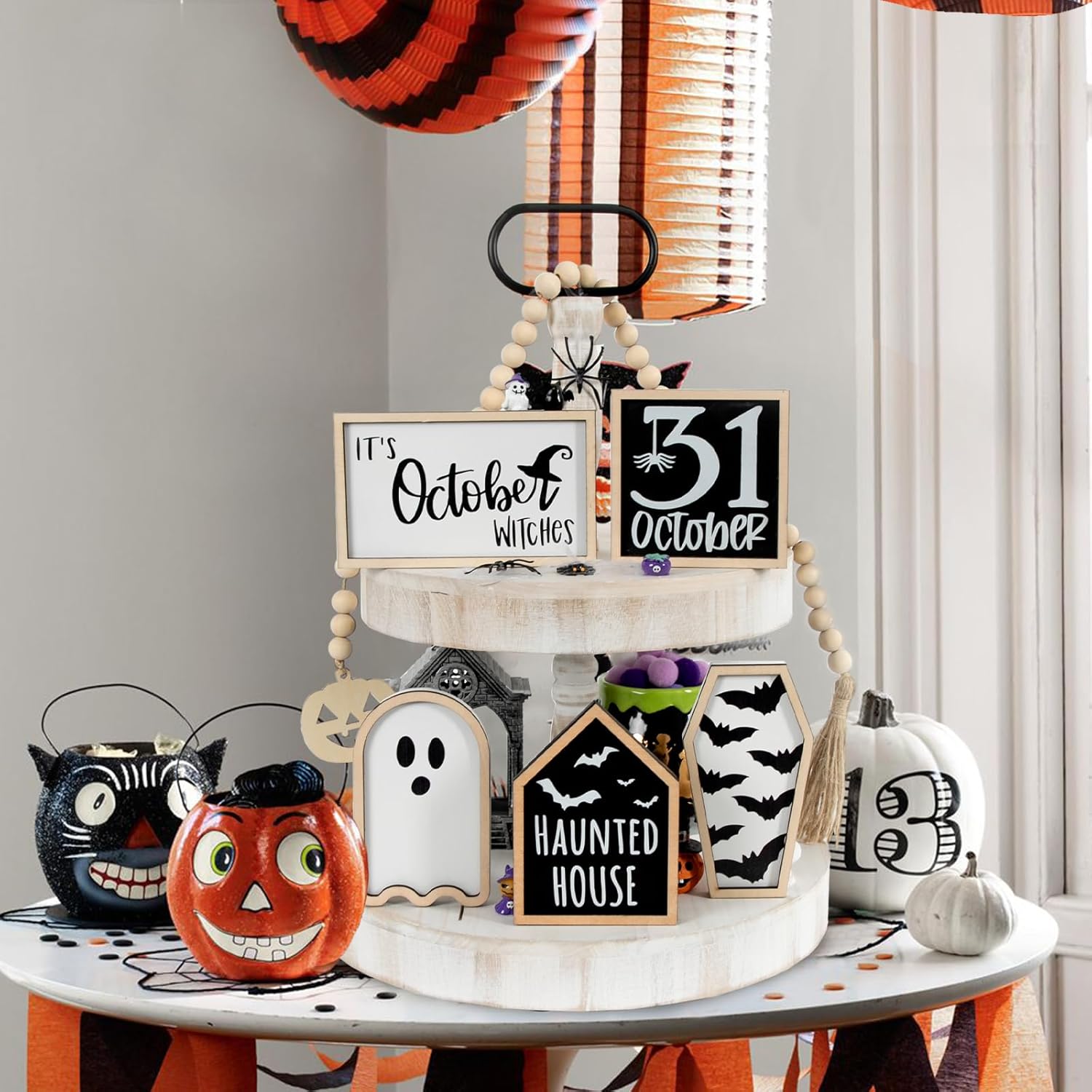 6 PCS Halloween Tiered Tray Decor | Bat Coffin, Haunted House, Ghost, Witches, October 31 Sign, Bead Garland