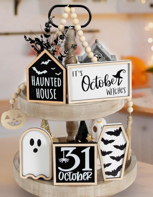 Load image into Gallery viewer, 6 PCS Halloween Tiered Tray Decor | Bat Coffin, Haunted House, Ghost, Witches, October 31 Sign, Bead Garland
