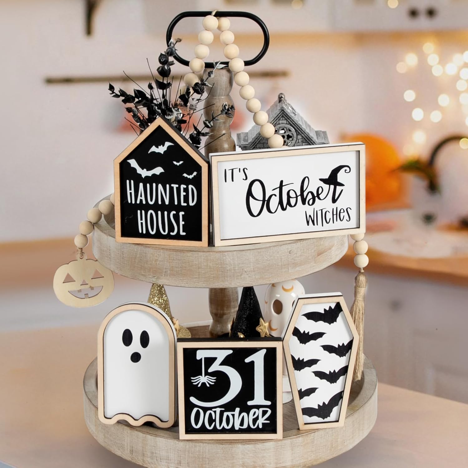 6 PCS Halloween Tiered Tray Decor | Bat Coffin, Haunted House, Ghost, Witches, October 31 Sign, Bead Garland