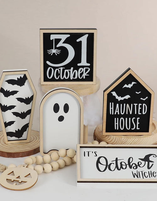 Load image into Gallery viewer, 6 PCS Halloween Tiered Tray Decor | Bat Coffin, Haunted House, Ghost, Witches, October 31 Sign, Bead Garland
