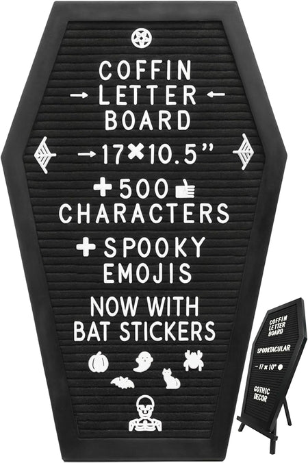 Coffin Letter Board Black +3D Bat Stickers +650 Characters, Spooky & Seasonal Emojis, Wooden Stand - 17x10.5 Inches