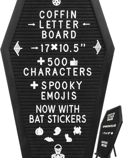 Load image into Gallery viewer, Coffin Letter Board Black +3D Bat Stickers +650 Characters, Spooky &amp; Seasonal Emojis, Wooden Stand - 17x10.5 Inches
