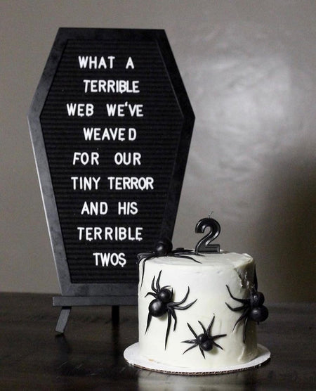 Coffin Letter Board Black +3D Bat Stickers +650 Characters, Spooky & Seasonal Emojis, Wooden Stand - 17x10.5 Inches