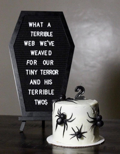 Load image into Gallery viewer, Coffin Letter Board Black +3D Bat Stickers +650 Characters, Spooky &amp; Seasonal Emojis, Wooden Stand - 17x10.5 Inches
