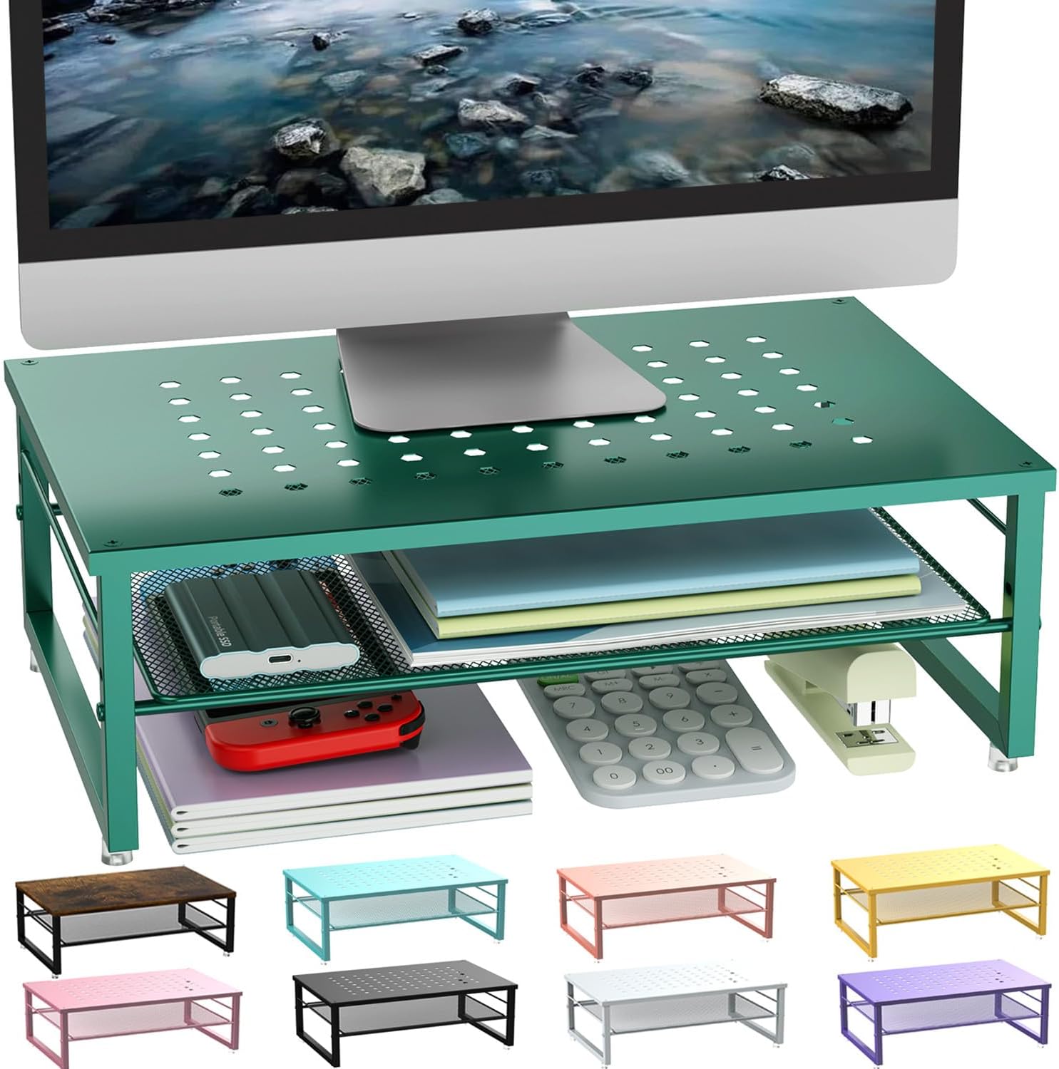 2-Tier Metal Monitor Stand Riser, Desk Organizer for Office Supplies
