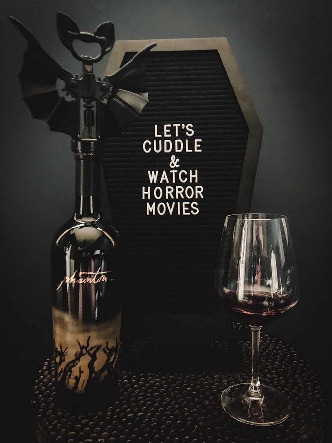 Coffin Letter Board Black +3D Bat Stickers +650 Characters, Spooky & Seasonal Emojis, Wooden Stand - 17x10.5 Inches