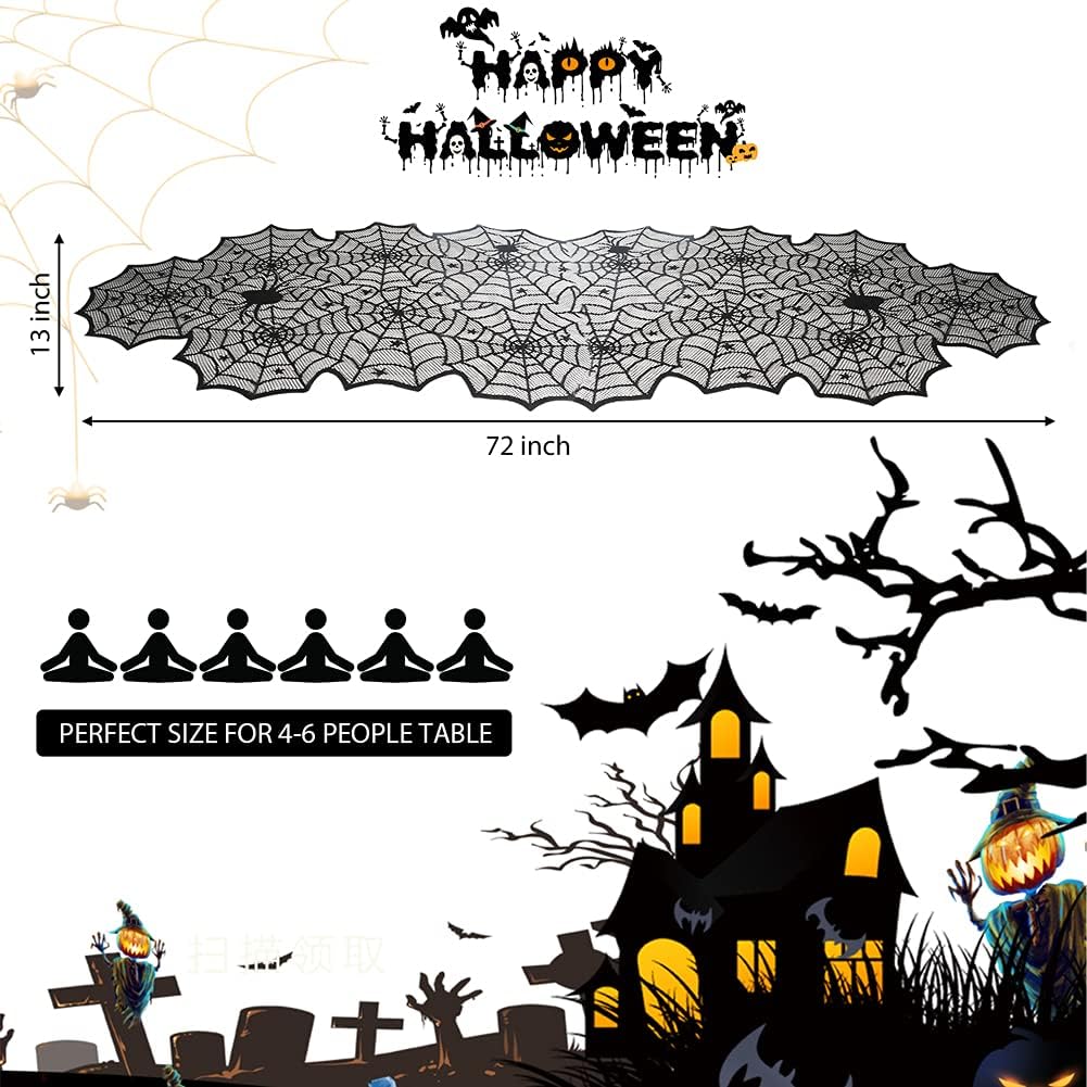 Black Lace Spider Web Table Runners for Halloween Decor/Party 18 x 72Inch