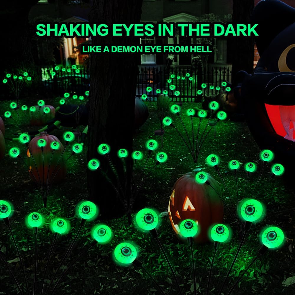 2PACKS 12LED Green Eyeball Swaying Firefly Lights,Waterproof Solar Halloween Path Lights