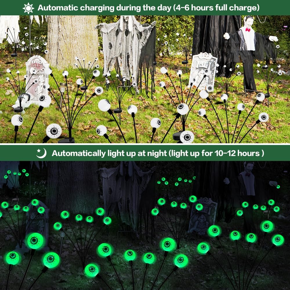 2PACKS 12LED Green Eyeball Swaying Firefly Lights,Waterproof Solar Halloween Path Lights