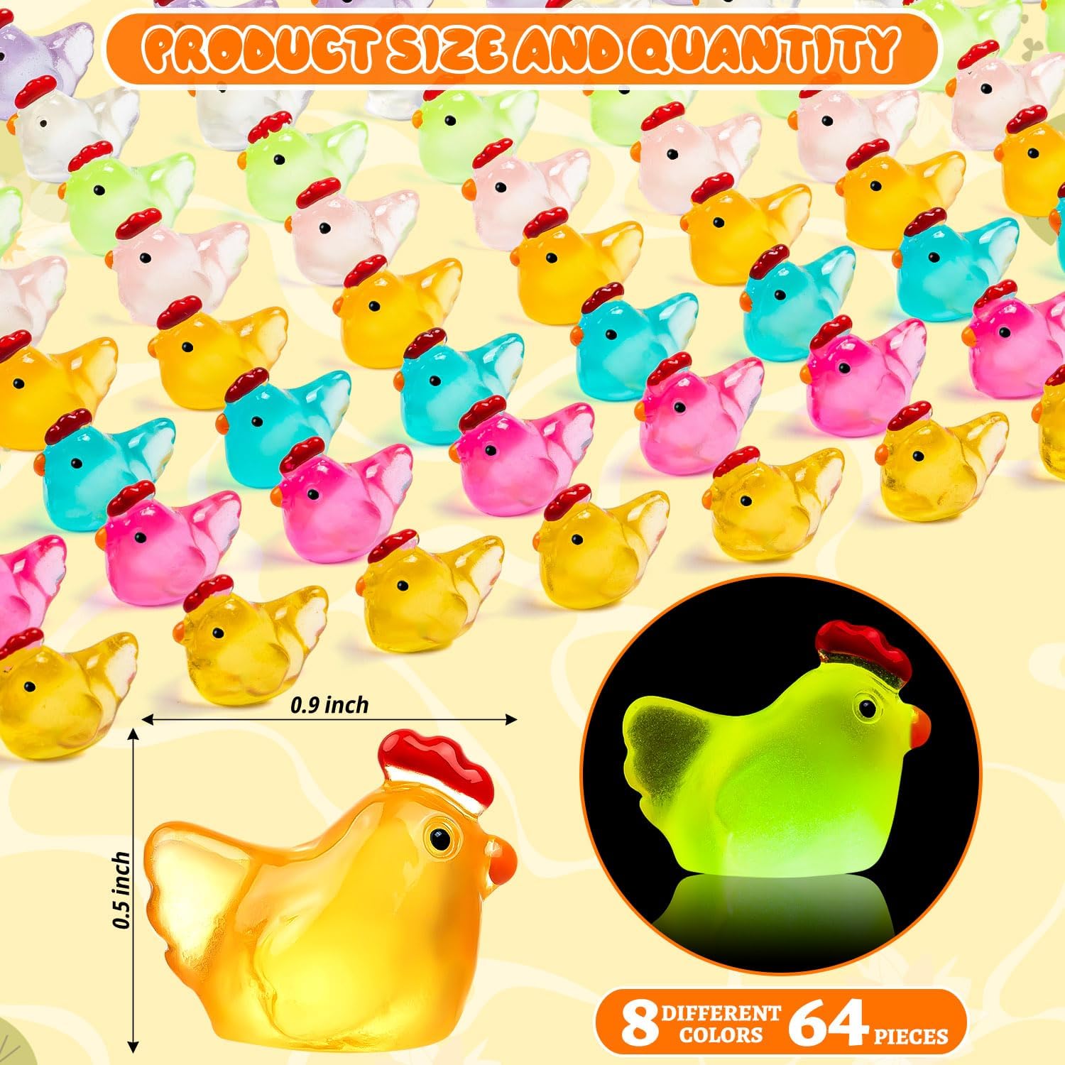 64PCS Luminous Mini Chicken Figurines Resin Miniature Animals