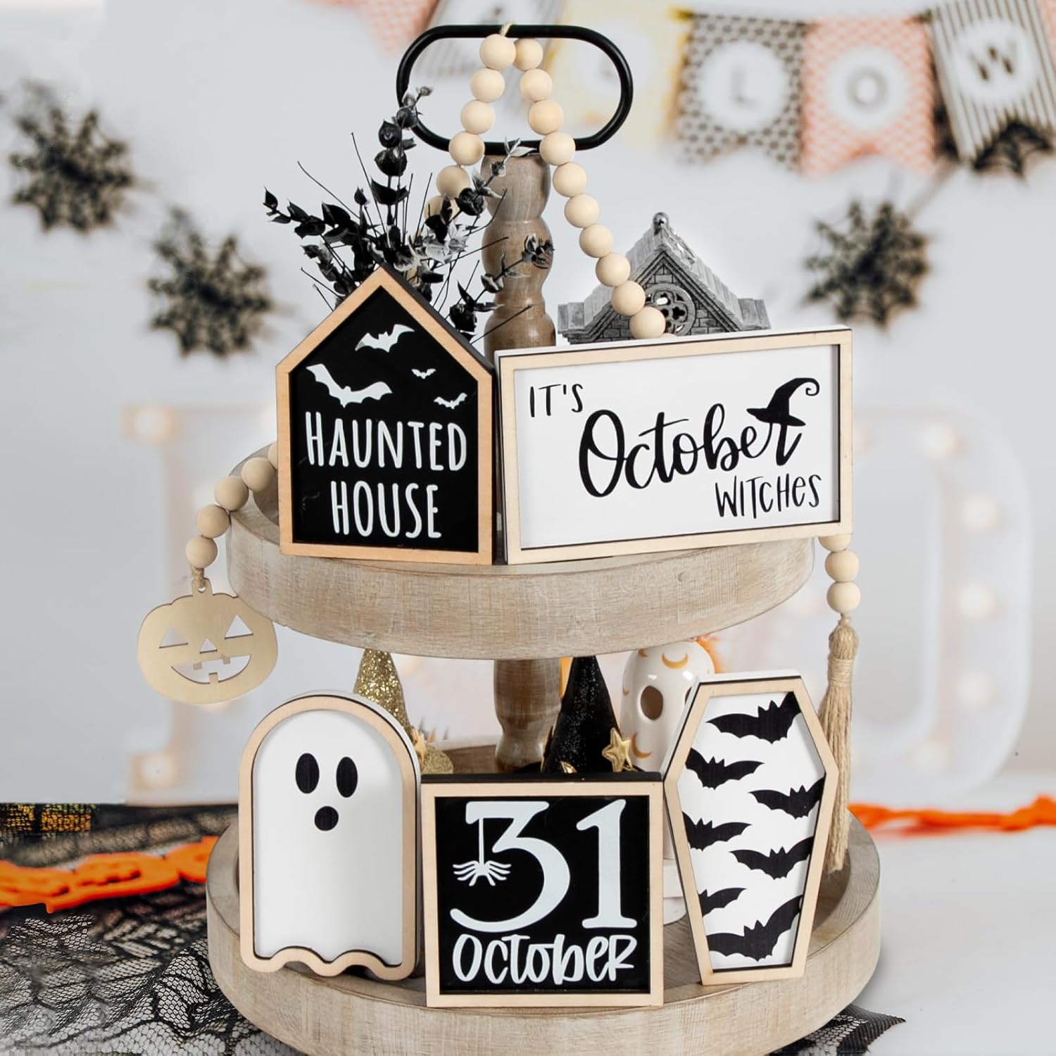 6 PCS Halloween Tiered Tray Decor | Bat Coffin, Haunted House, Ghost, Witches, October 31 Sign, Bead Garland