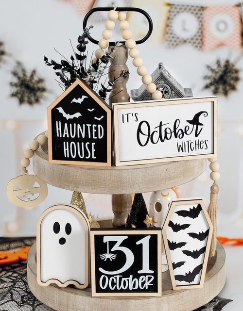 Load image into Gallery viewer, 6 PCS Halloween Tiered Tray Decor | Bat Coffin, Haunted House, Ghost, Witches, October 31 Sign, Bead Garland
