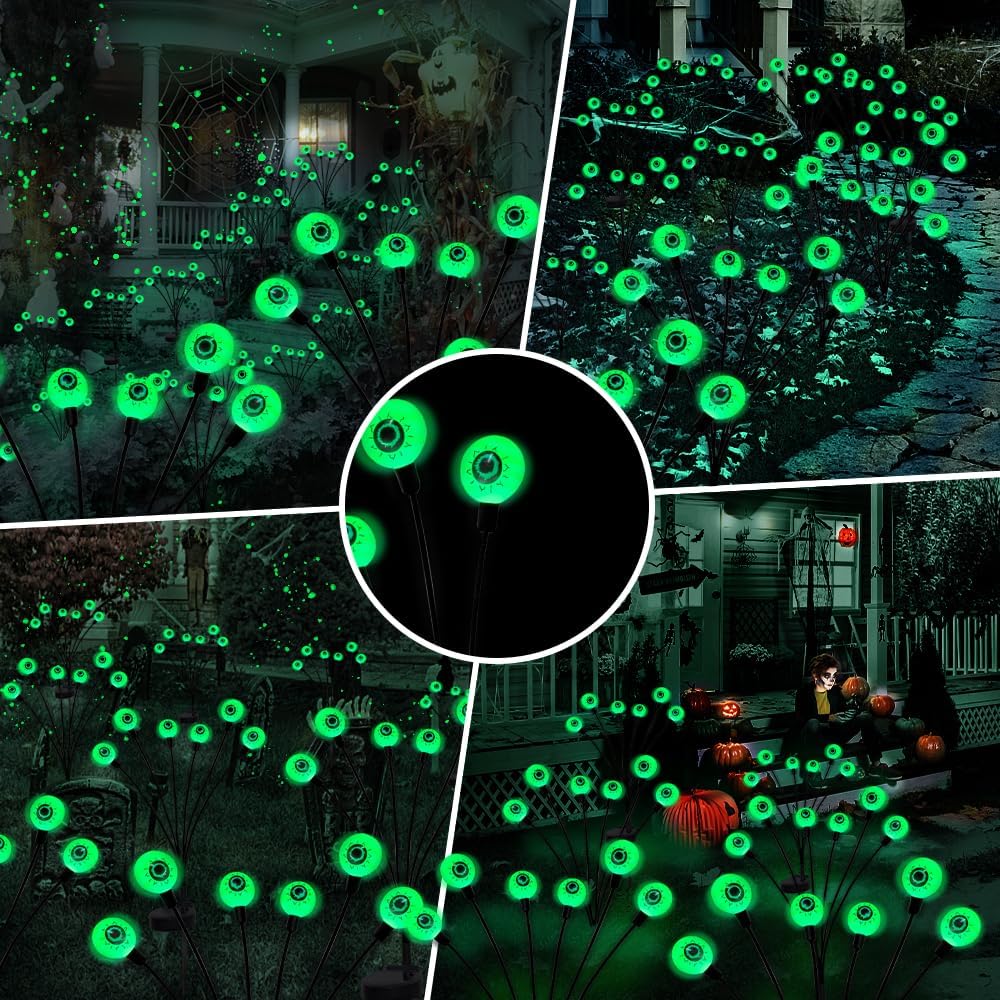 2PACKS 12LED Green Eyeball Swaying Firefly Lights,Waterproof Solar Halloween Path Lights