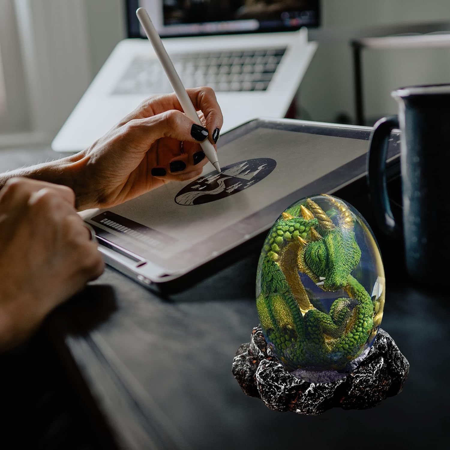 Lava Dragon Egg with Luminous Base, Handmade Sculpture Resin Ornaments, Gift (Green)