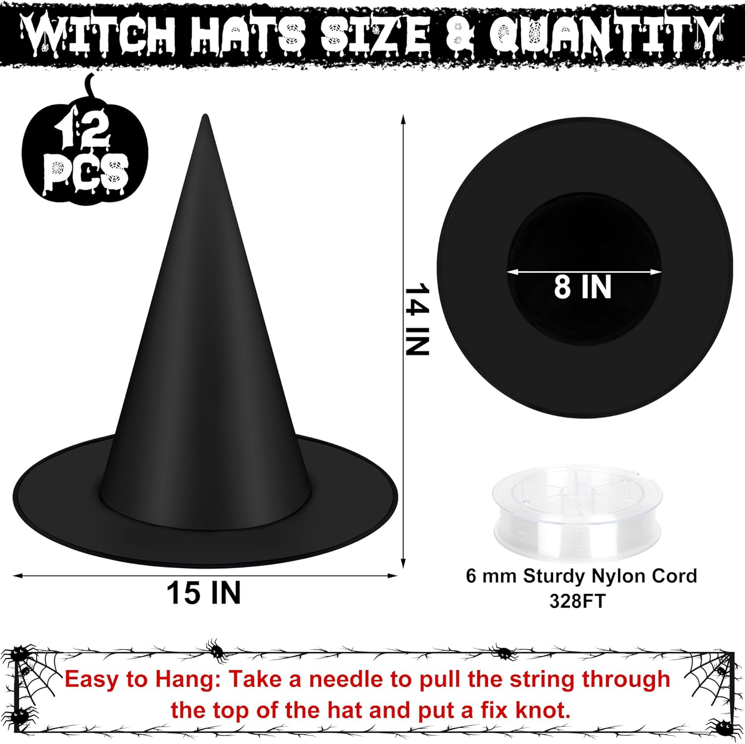 12 PCS Halloween Witch Hats, Black Hanging Witch Hat with 328 FT Nylon Cord