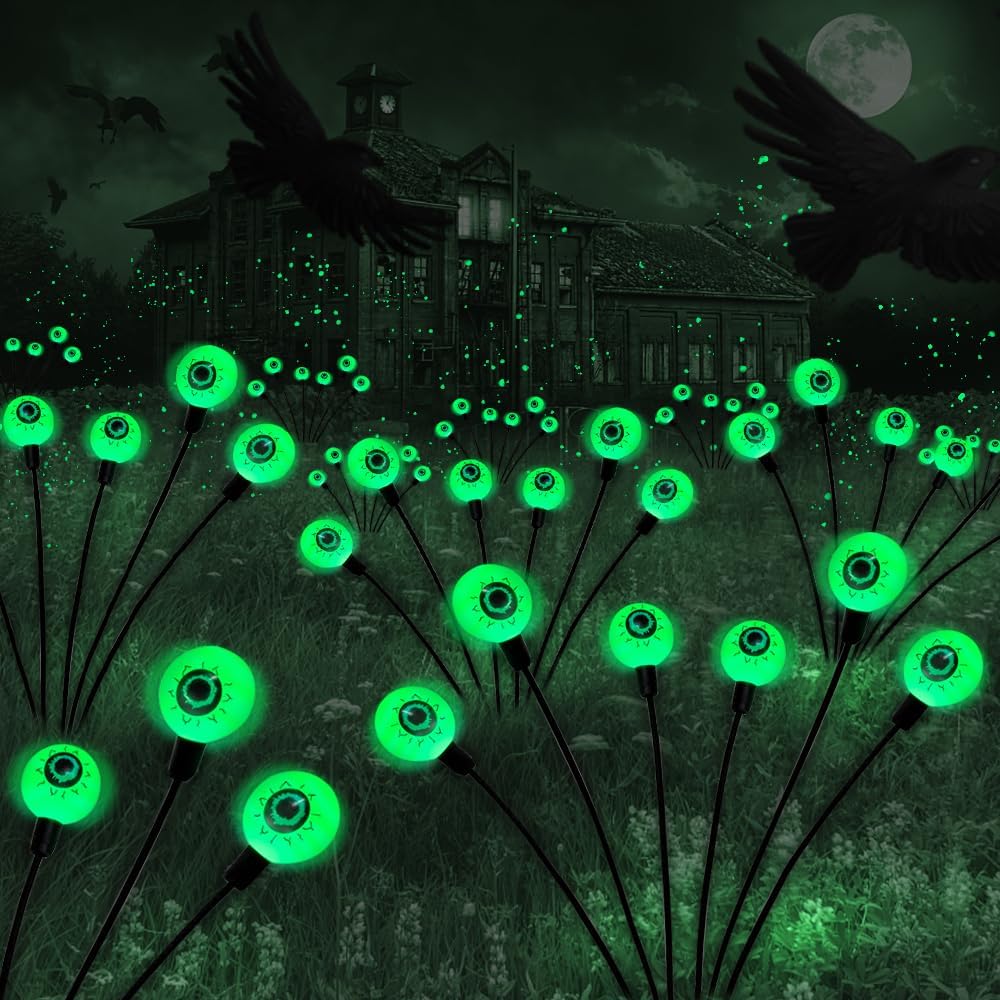 2PACKS 12LED Green Eyeball Swaying Firefly Lights,Waterproof Solar Halloween Path Lights