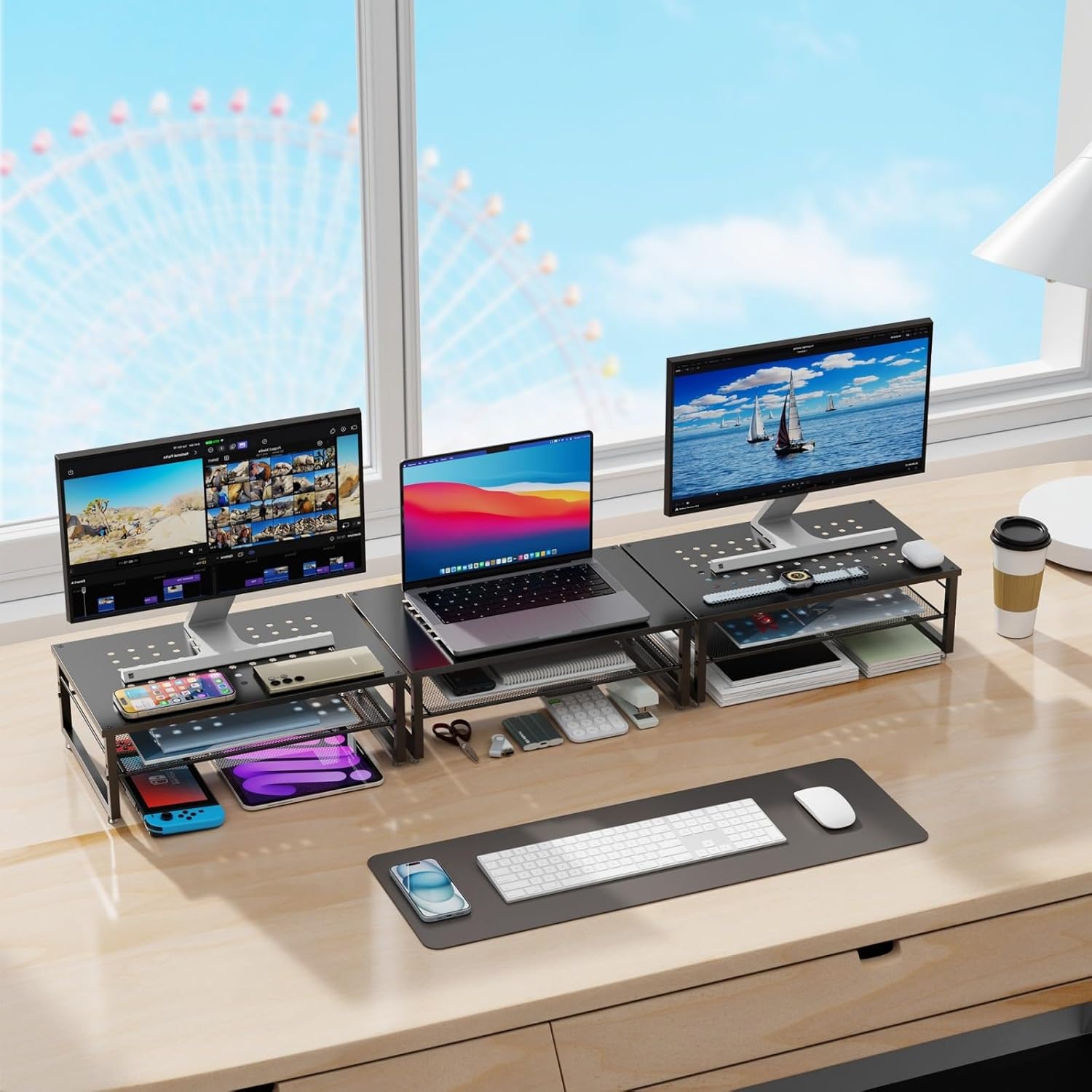 2-Tier Metal Monitor Stand Riser, Desk Organizer for Office Supplies